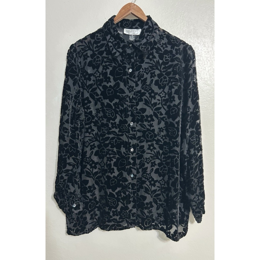 Suchada Blouse Womens M Silk Blend Velvet Burnout Floral Button Up